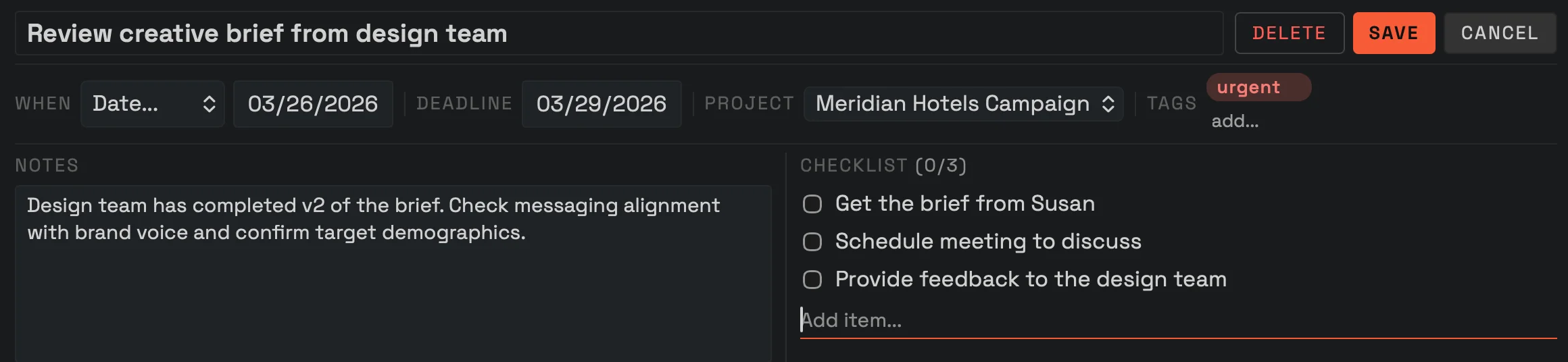 Detail panel showing task properties, notes, and checklist
