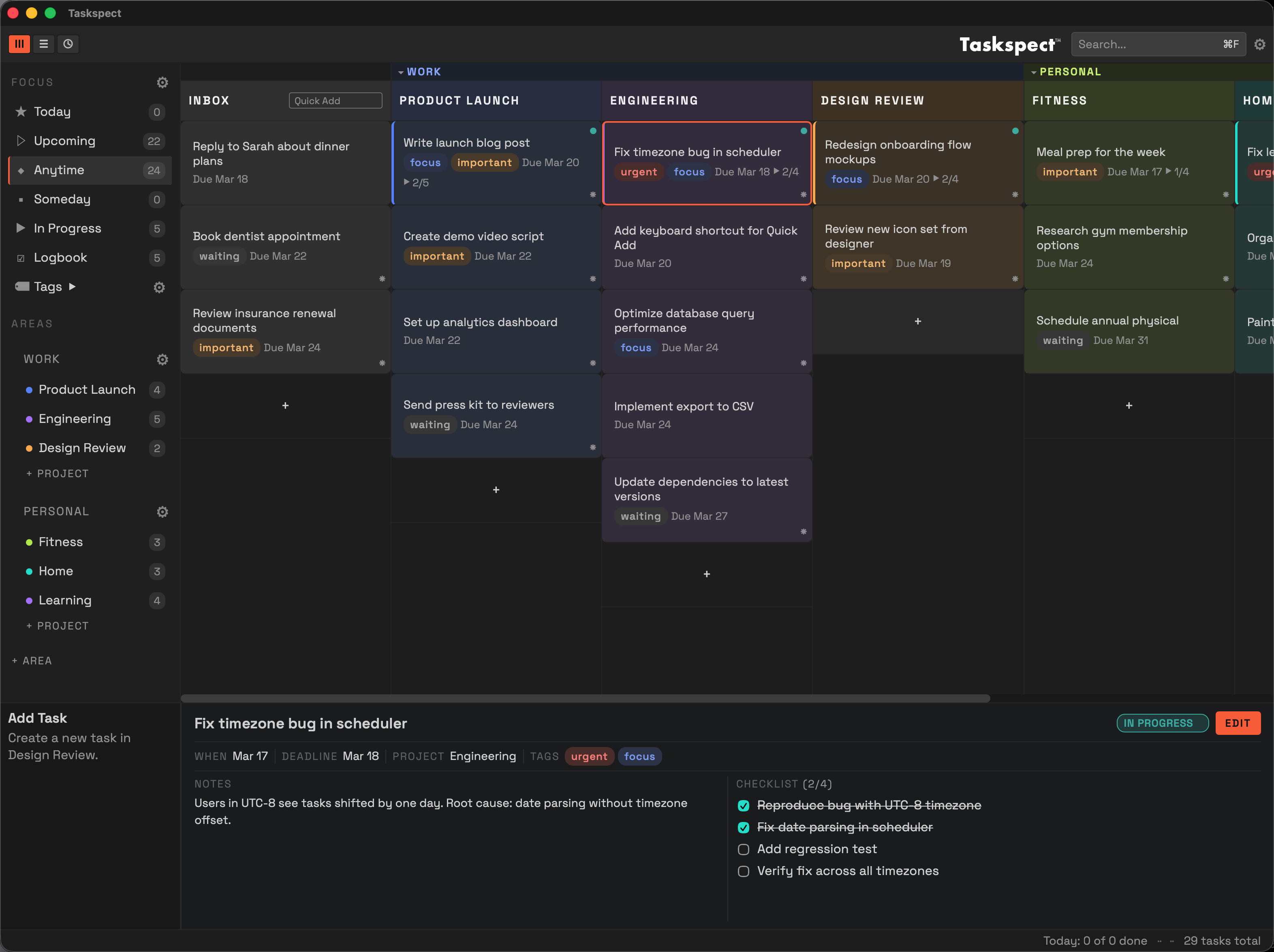 Task View — projects as columns with task cards