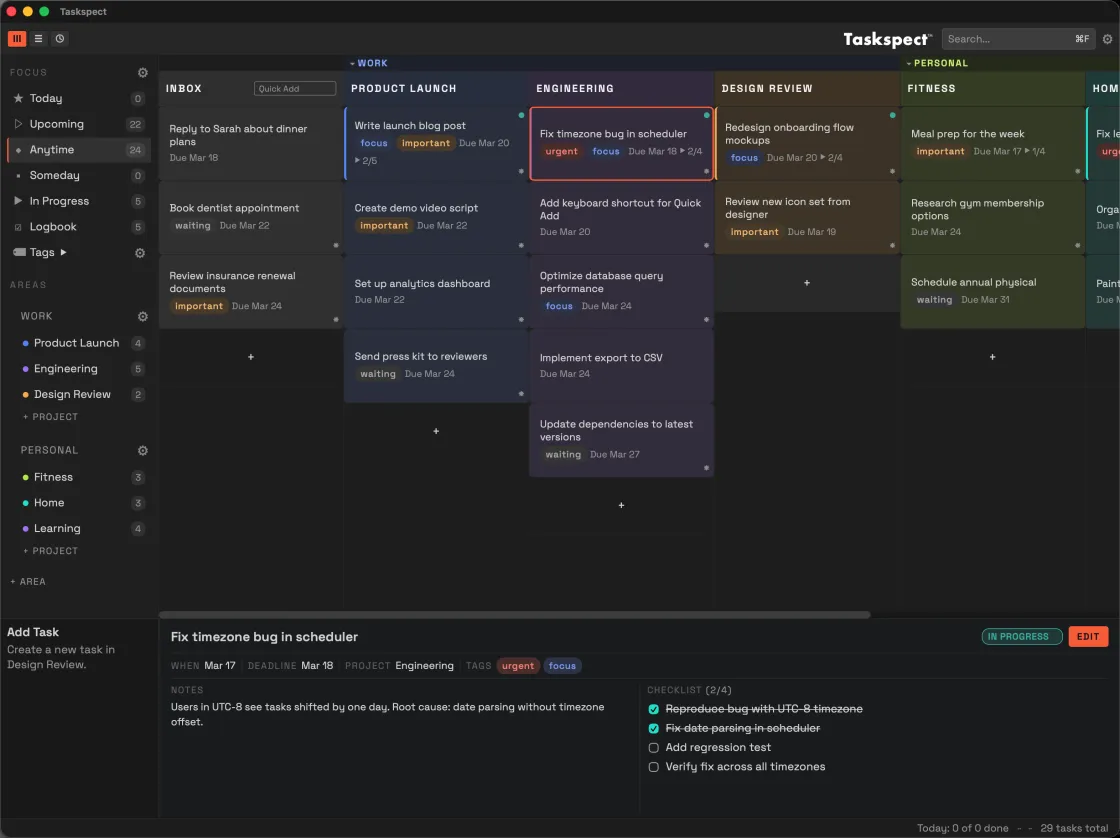 Task View — projects as columns with task cards