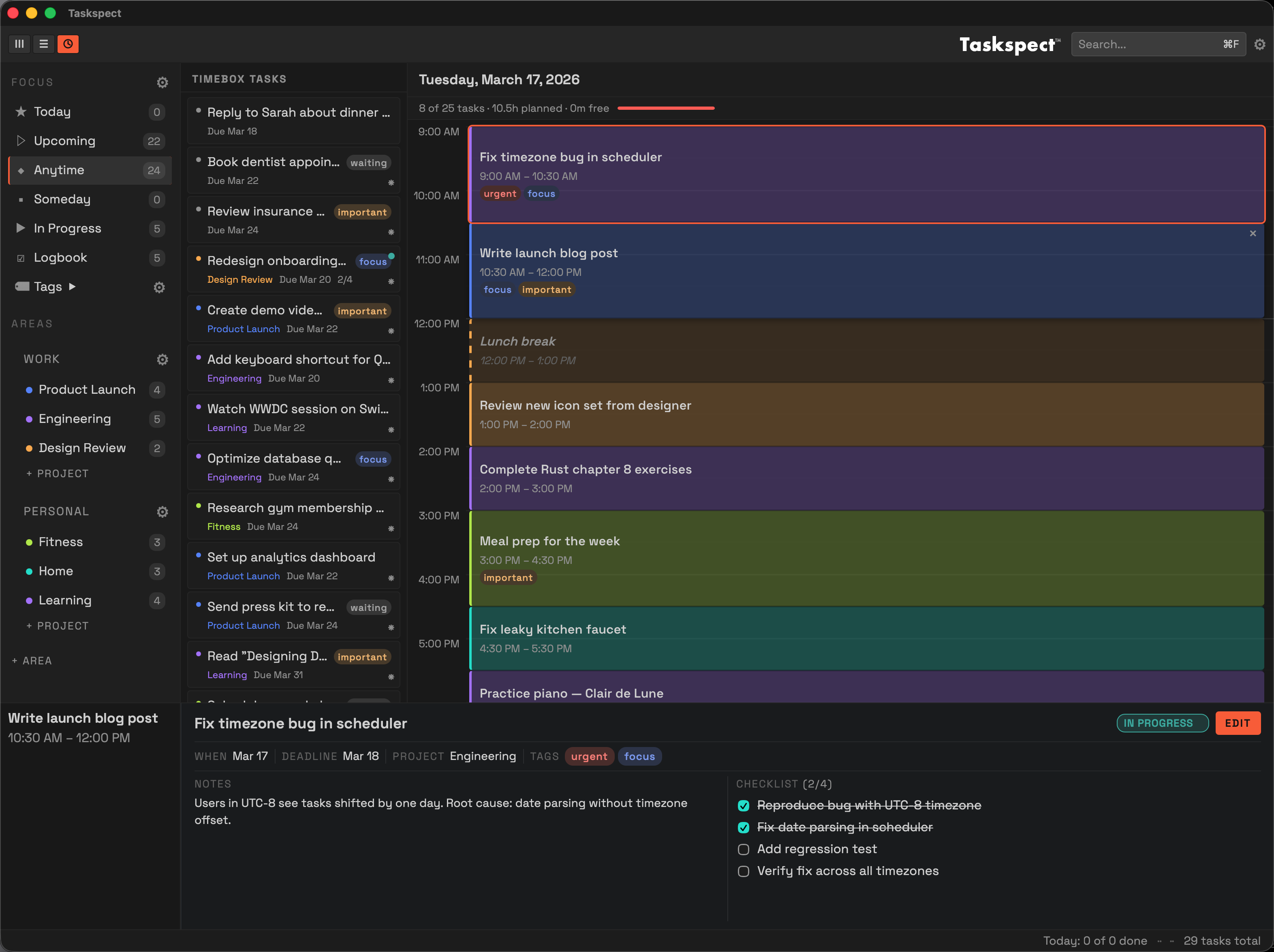 Timebox View — day planner with hourly schedule