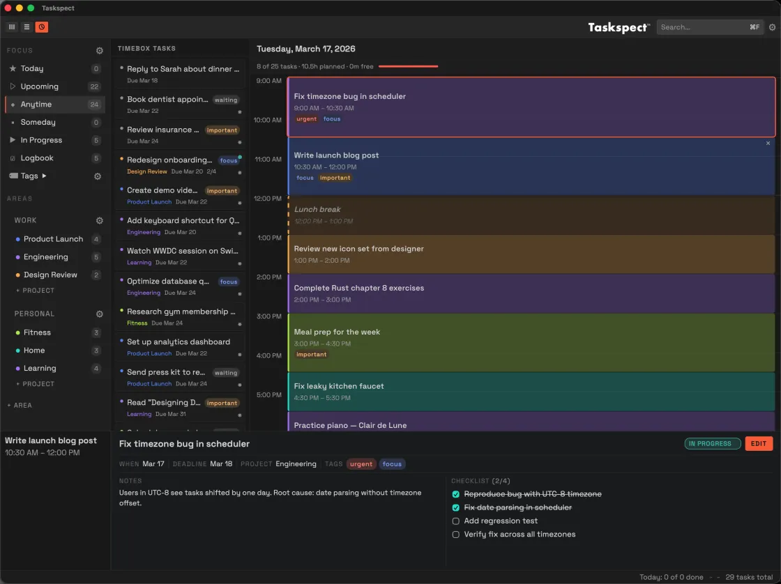 Timebox View — day planner with hourly schedule