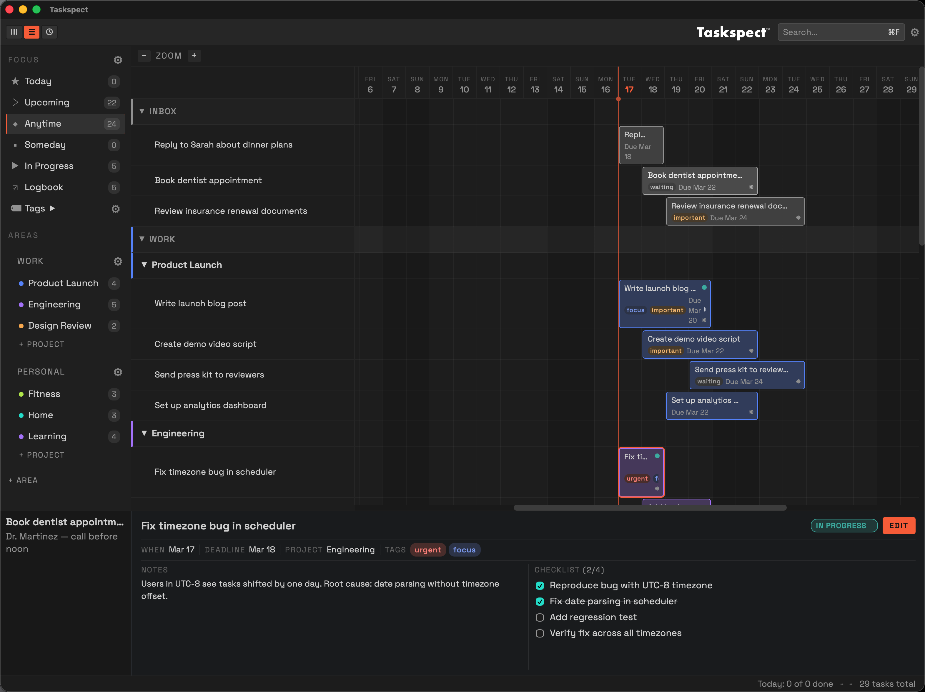 Timeline View — Gantt-style task blocks on a date grid