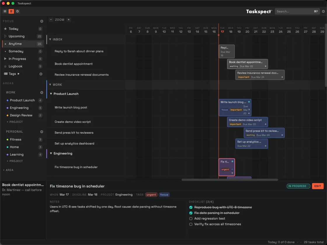 Timeline View — Gantt-style task blocks on a date grid