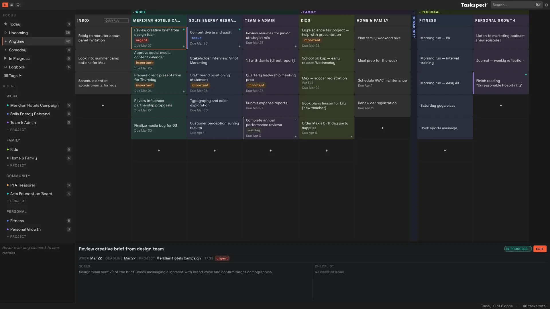 Taskspect in full widescreen showing all projects, areas, and task detail